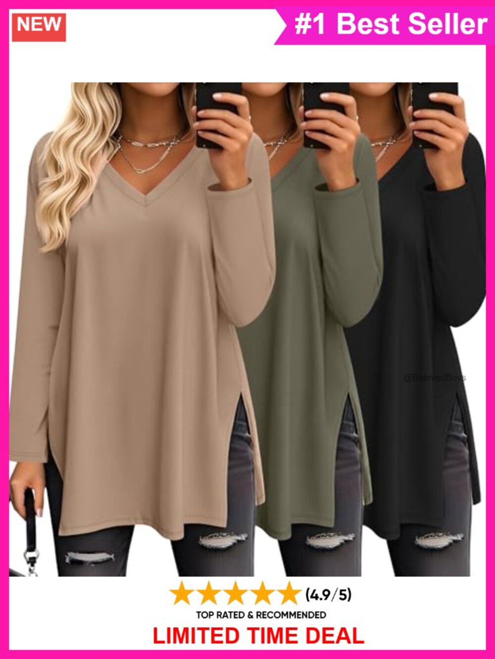 Women's Oversized Long Sleeve V Neck Tunic Tee 3 Pack Loose Fit